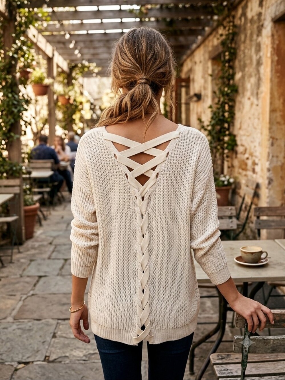 RD Style Anthropologie Womens Ivory Knit Sweater w Lace-Up Back Size Oversize XS